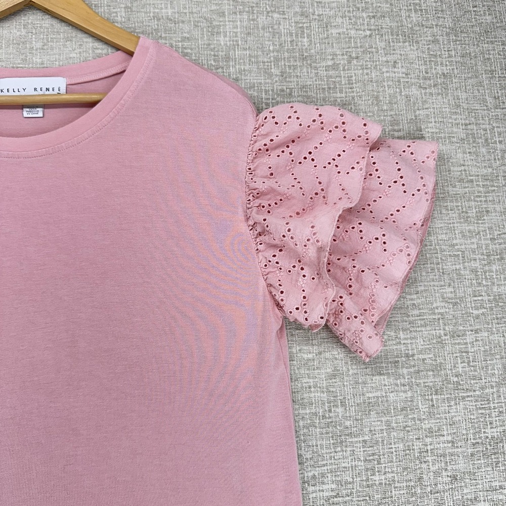 Kelly Renée Shirt Womens Large Pink Eyelet Ruffle Flutter Sleeve Knit Top - Picture 2 of 9